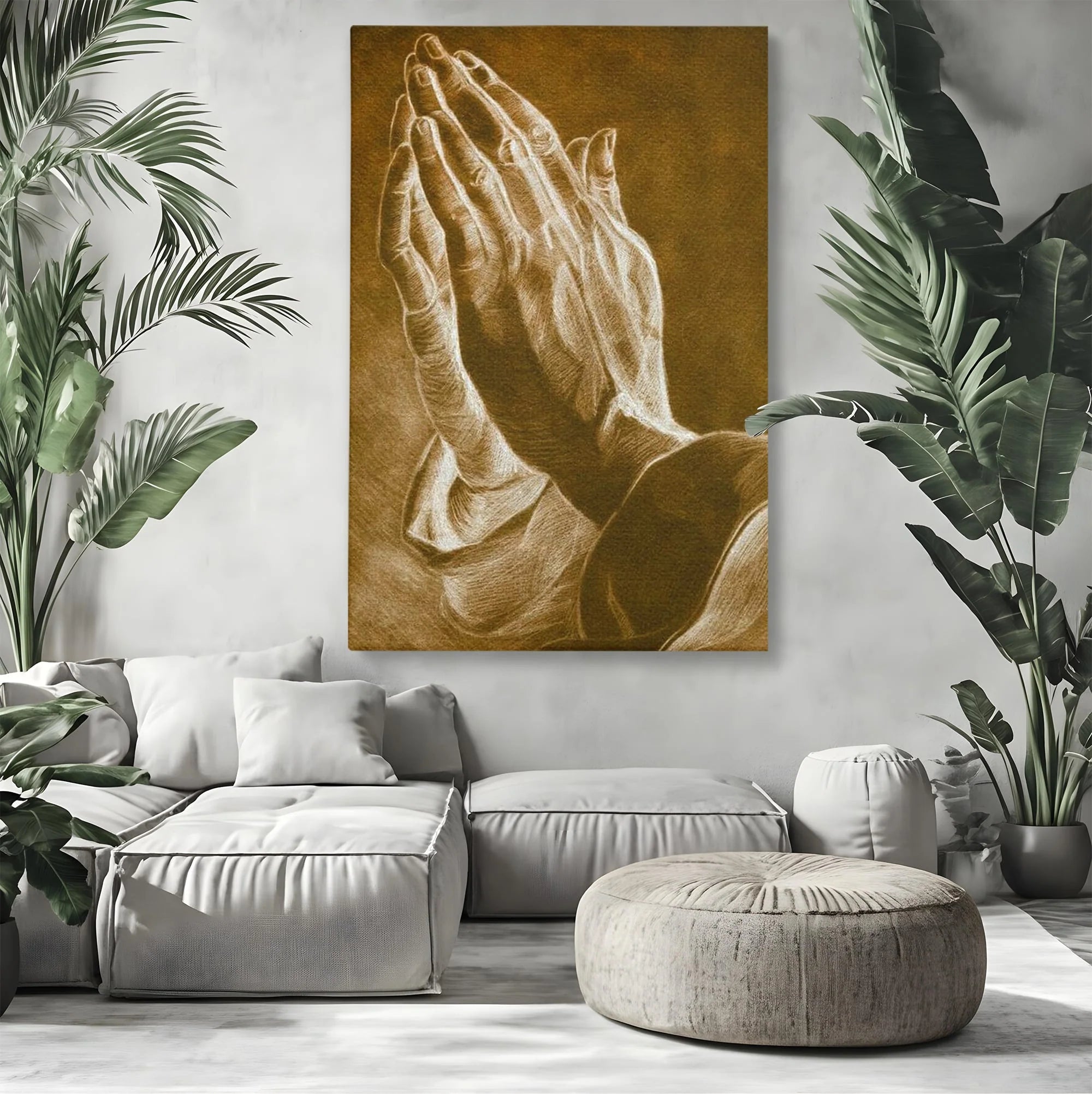 Tablou canvas cu tablou canvas cu maini in rugaciune, fara rama, pe sasiu de lemn, pe perete intr-un living